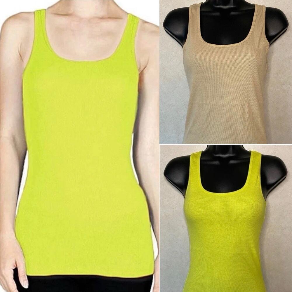 3-pc‎ ACTIVE BASIC Scoop Neck Racerback Rib Tank Top Women Neon Green Brown, Lrg